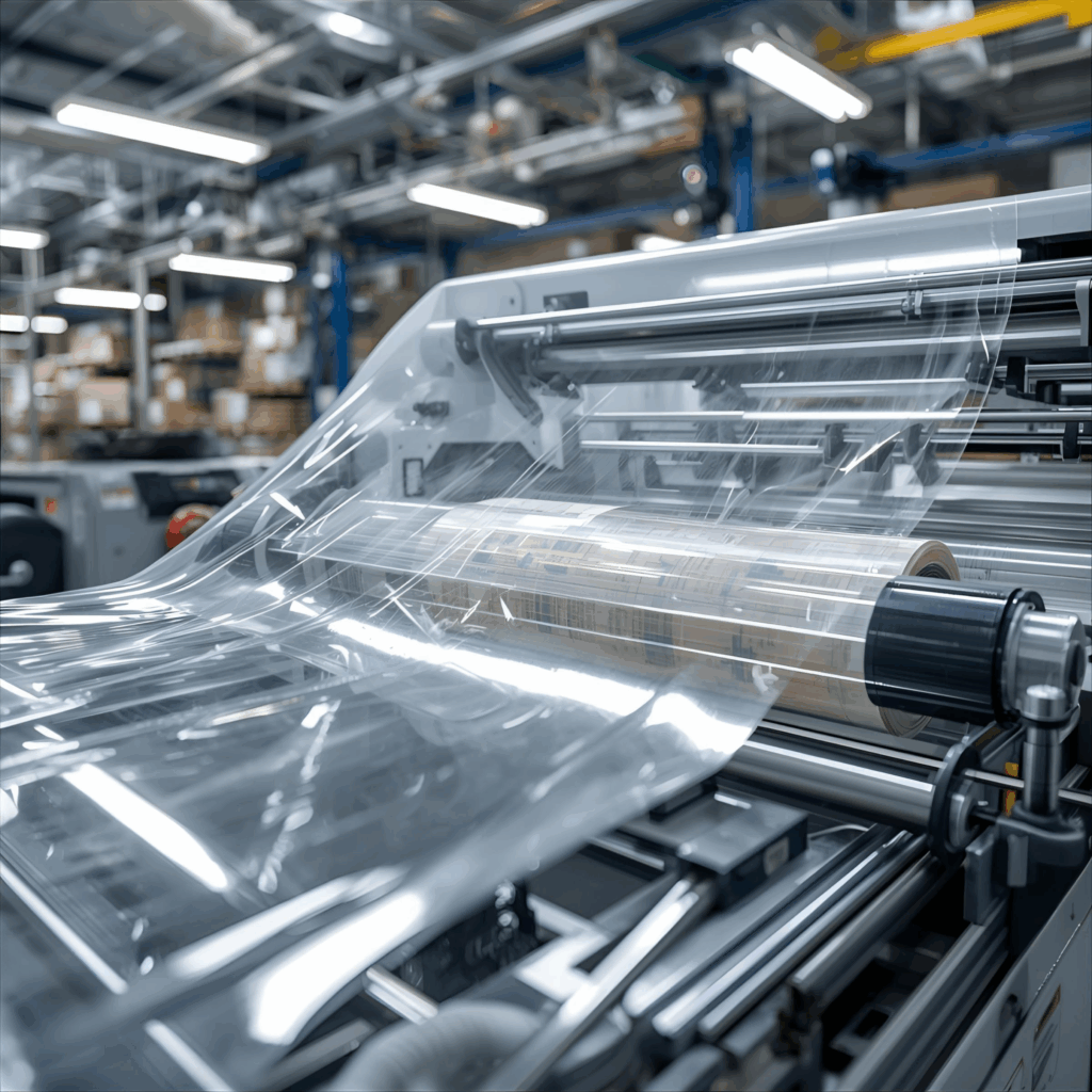 Machine de fardelage sous film étirable utilisée pour le suremballage industriel, une solution écologique et économique pour l’agroalimentaire.