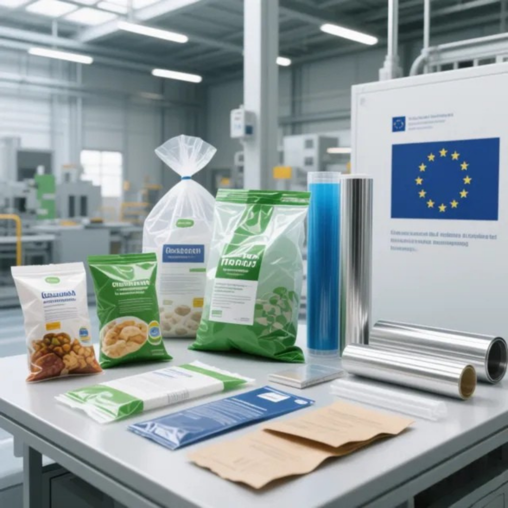 Emballages flexibles alimentaires sous forme de sachets et films, illustrant l’évolution du conditionnement souple en Europe